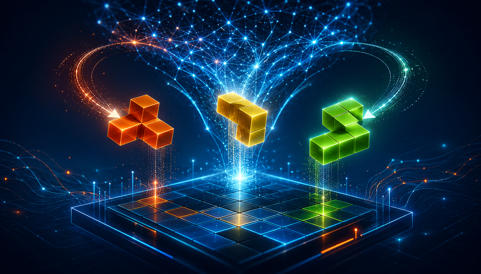 Three candidate block pieces above a glowing grid connected to a neural network — the adaptive piece dealer reading board and player state